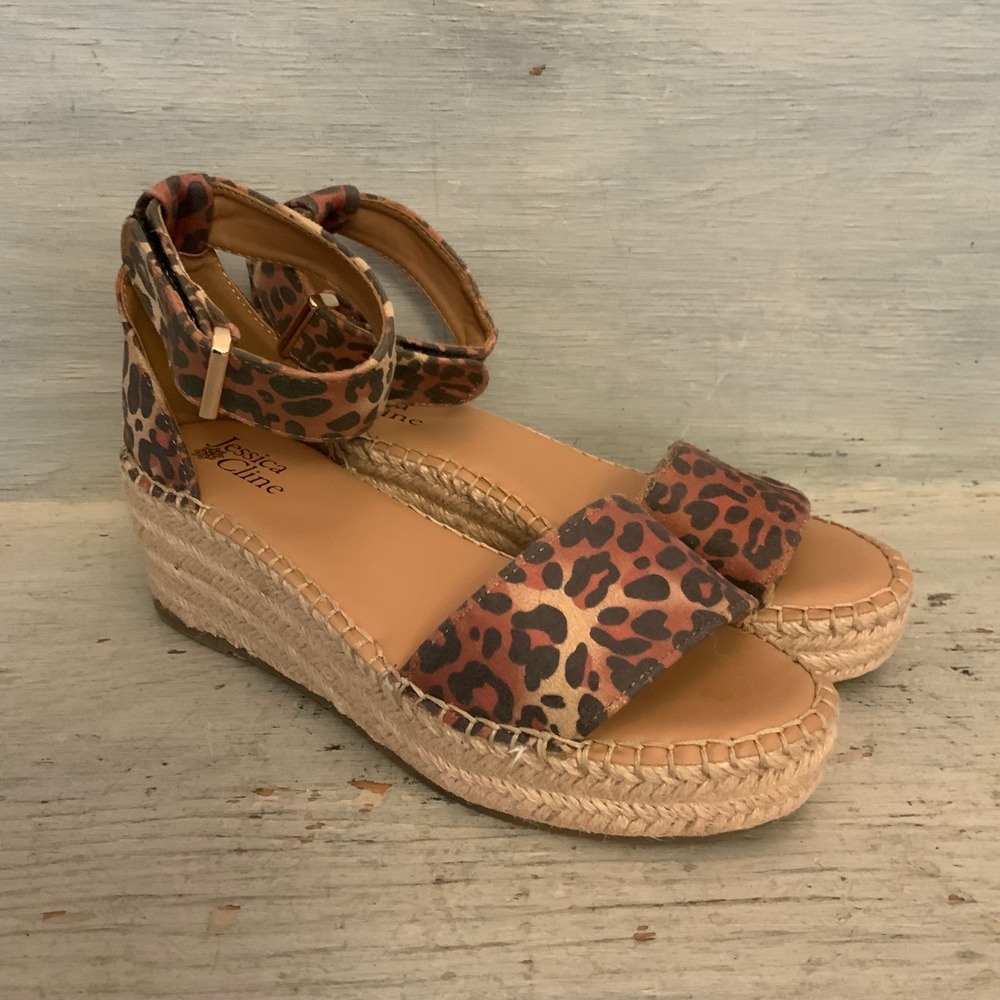 Jessica Cline Leopard Print Open Toe Espadrille Wedge Sandals Size 7M GC